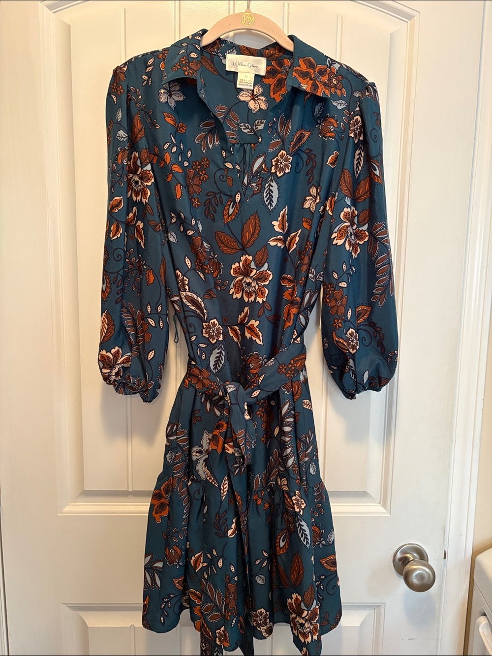 NWT Willow Glenn Teal Floral Long-Sleeve Tie-Waist Dress - Teal/Brown